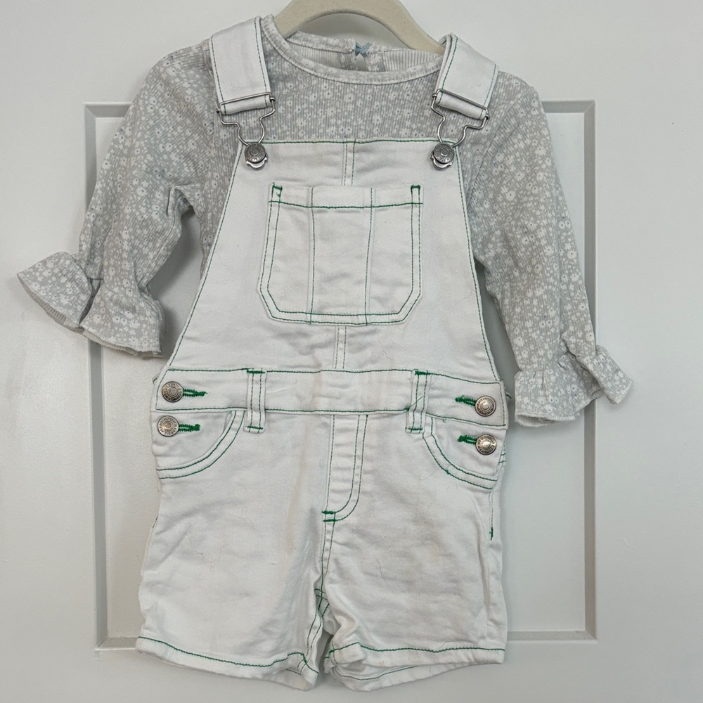 White Toddler Short Overalls with Green Stitching and Matching Floral Shirt 24m